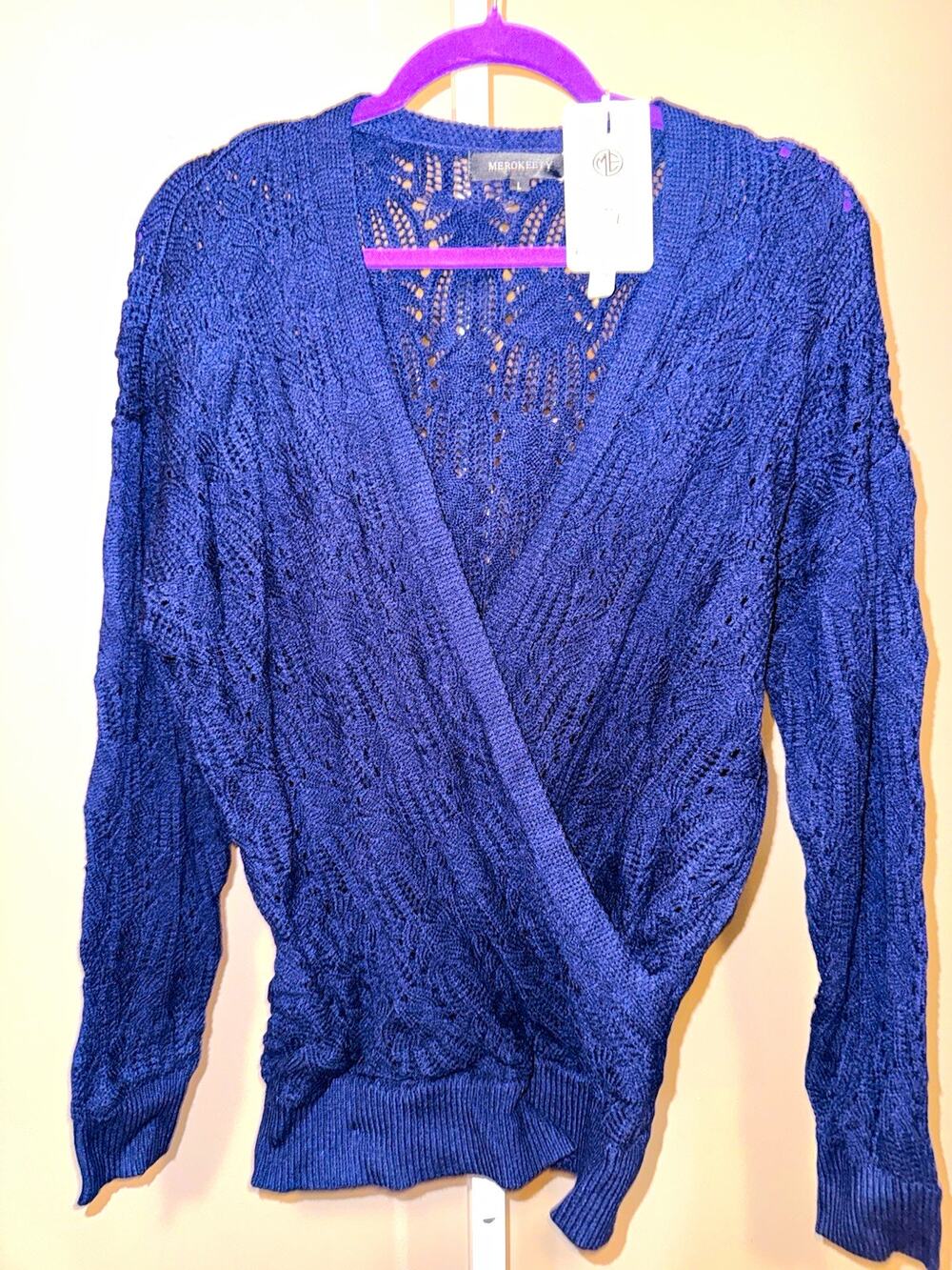 MEROKEETY Women's Blue V-Neck Open-Knit Long Sleeve Sweater L